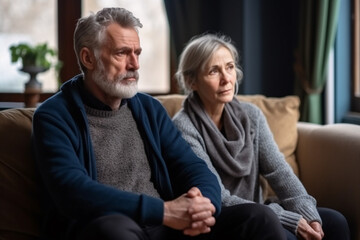 A retired couple in casual clothes looking sad confused deep thought sit on sofa in living room