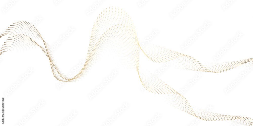 Poster abstract flowing golden dots particles wave curved lines on transparent background. frequency sound,