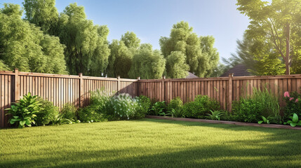 green grass lawn, flowers and wooden fence in summer backyard garden - 668104420
