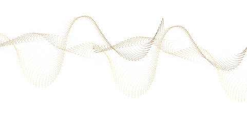 Abstract flowing golden dots particles wave curved lines on transparent background. Frequency sound, technology curve dots lines. Design for technology, science, banner, business, games.
