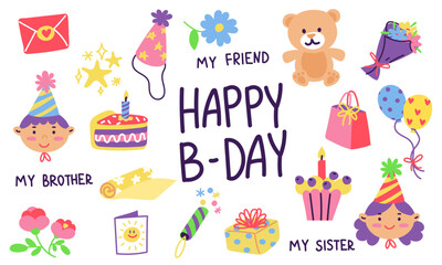 Fototapeta na wymiar A collection of various festive elements for a birthday party with an inscription. A set of simple and cute design items. Vector hand-drawn illustration. All elements are isolated. Portraits birthday