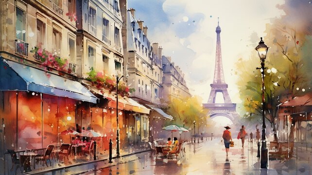Fototapeta Watercolor painting streets paris monet Style image Ai generated art