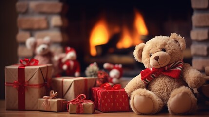 Stuffed brown bear toy in warm and cozy fireplace cottage living room with Christmas decorations, surrounded by wrapped gifts and wonderful presents. Wonderful wholesome joyous Xmas holiday.