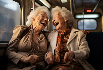 Obraz premium Two Caucaisan senior women share a smile and a laugh while on the train