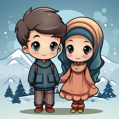 Fototapeta premium Girl Boy Muslim Celebrating Eid Mubarak ,Cartoon Illustration, For Printing