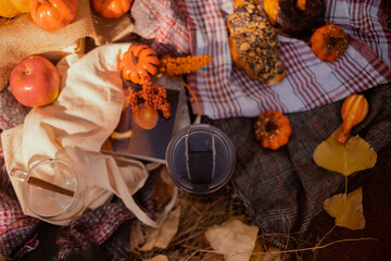 Thermos with cups of coffee and croissants on plaid in autumn park