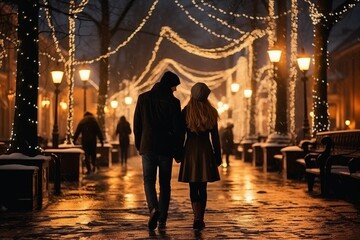 A man and a woman taking a festive stroll hand in hand through a sparkling street of Christmas...
