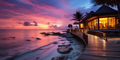 Amazing sunset panorama at Maldives. Luxury resort villas seascape with soft led lights under colorful sky. Beautiful twilight sky and colorful clouds. Beautiful beach background for vacation - obrazy, fototapety, plakaty