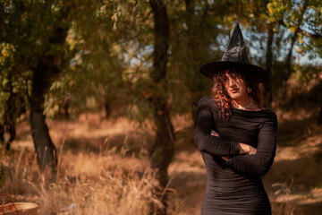 Happy gothic young woman in a Halloween witch costume with a hat standing and smiling against the...