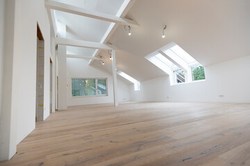 bright, new loft apartment with new parquet floor, without baseboards, skirting boards, modern...