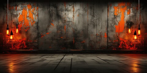 Black brown red orange horror background. Interior room. Concrete old wall, floor. Grunge. Product display - Powered by Adobe