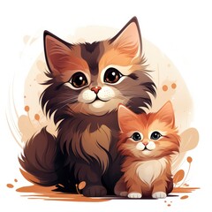 Mother Cat Licking Kitten Icon,Cartoon Illustration, For Printing