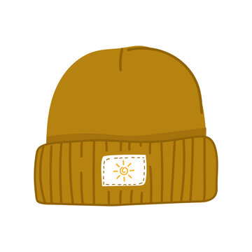 recommend clip art: An illustration of a doodle beanie hat with a fun badge. Cute winter headwear.