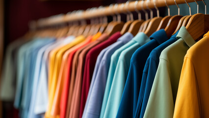 Obraz premium Shirts for sale in a clothing store neatly hanging on hangers