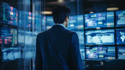 A high-powered businessman in a sleek suit, surrounded by screens displaying real-time market data, blue glow indoor. generative AI