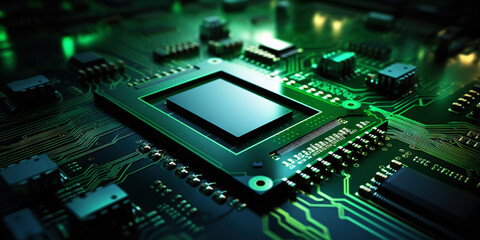 Fototapeta na wymiar Heart of the Machine: Microprocessor in Green Glow. Motherboad electronics. Generative AI