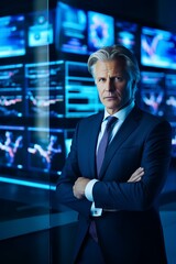 Fototapeta premium A high-powered businessman in a sleek suit, surrounded by screens displaying real-time market data, blue glow indoor. generative AI