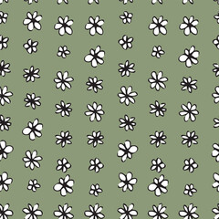 Simple, cute flower head seamless repeat pattern on matcha green background. Vector, botany all over print.