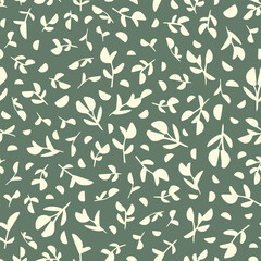 Sage green leaves seamless repeat pattern. Random placed,  vector botany all over surface print.