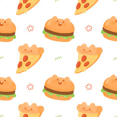 Cute Kawaii cat bread bun pizza cheeseburger fast food  happy character American food seamless pattern