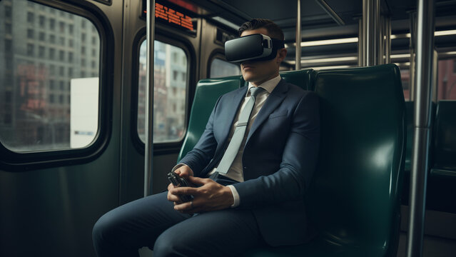 Office Workers Using Public Transportation While Having Fun Wearing VR Devices