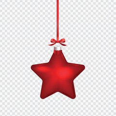 Red christmas decoration bauble star shape, hang on red ribbon. Vector illustration.