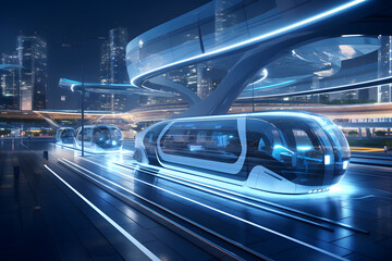 Fototapeta na wymiar Futuristic transport hub with autonomous vehicles
