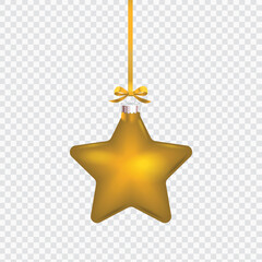 Gold christmas decoration bauble star shape, hang on gold ribbon. Vector illustration.