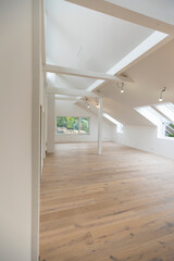 bright, new loft apartment with new parquet floor, without baseboards, skirting boards, modern living