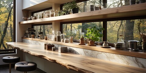 Cozy kitchen interior with quartz bar countertop and wooden shelves near window