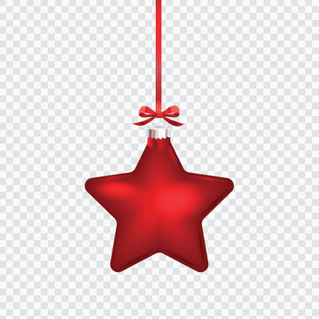 Red christmas decoration bauble star shape, hang on red ribbon. Vector illustration.