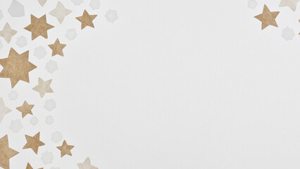 White background with paper texture. small stylized snow crystals and stars