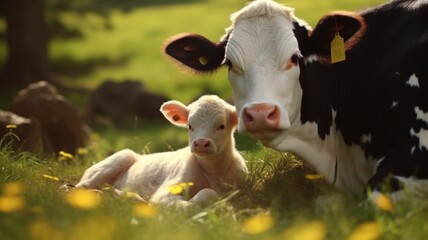 Cow caressing its calf animal stock photo Ai generated art