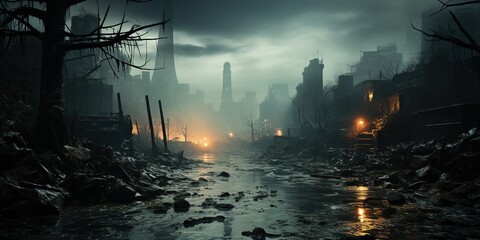Dramatic nighttime photo of a polluted city over the river at night - obrazy, fototapety, plakaty