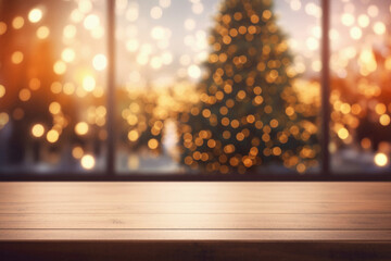 Wooden table in front of blurred christmas tree background. product display.