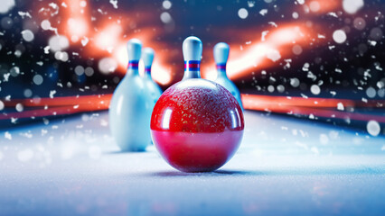 Bowling game in winter. Bowling, skittles and ball in Christmas style.  - obrazy, fototapety, plakaty