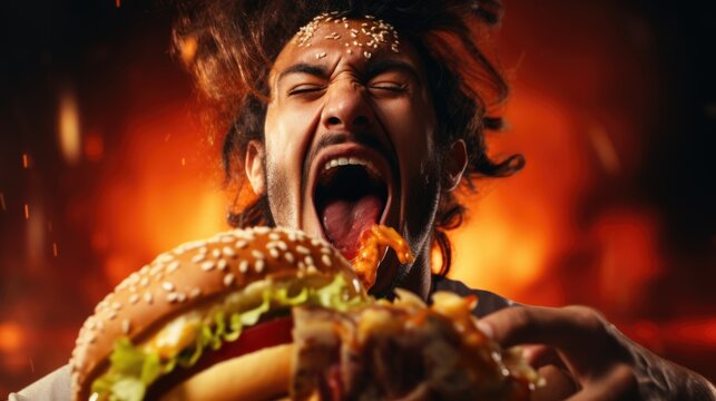 A man with his mouth open and a big hamburger, AI