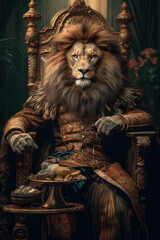 Royal lion sitting on a throne, anthropomorphic character - obrazy, fototapety, plakaty