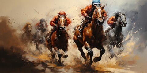 Horse race in an illustration of horses racing down the track - obrazy, fototapety, plakaty