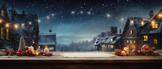 Christmas background with wooden table and christmas decorations. Winter landscape.