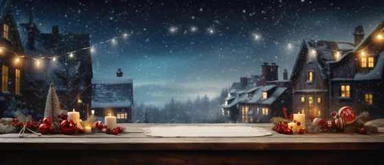 Fotobehang Christmas background with wooden table and christmas decorations. Winter landscape. © Synthetica