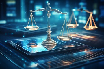Digital law concept. Law scales at data center. Abstract background