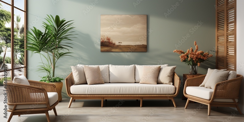 Wall mural Living room interior with mock up poster frame, beige sofa, wooden consola, rattan sideboard, plants in flowerpots, glass vase with leaves and personal accessories