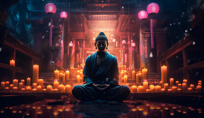 Buddha statue in a meditation position, spiritual power that opens fantasy gate 