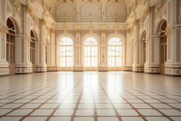 Fototapeta na wymiar Realistic photo of bright palace hall with big windows and light hall inside. Empty room with tile white floor