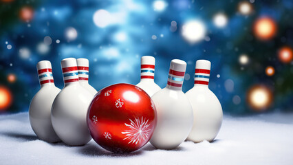 Bowling game in winter. Bowling, skittles and ball in Christmas style. 