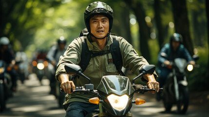 Asian man riding a motorcycle on the street