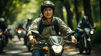 Fotobehang Asian man riding a motorcycle on the street © darkhairedblond