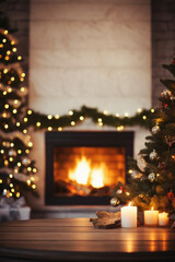 Burning candles and Christmas tree on wooden table in front of fireplace.