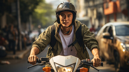 Asian man riding a motorcycle on the street
